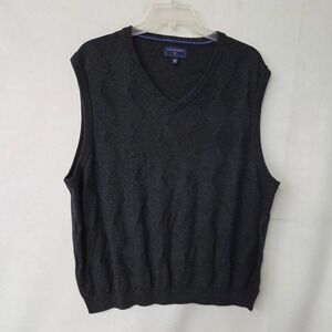 Saddlebred Sweater Vest Mens XL Charcoal Grey V-Neck Argyle Textured Cotton Knit